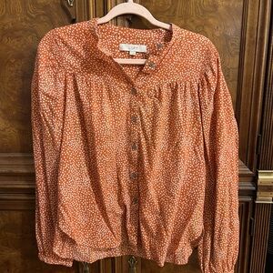 LOFT Orange Button-Up Blouse with White Dots